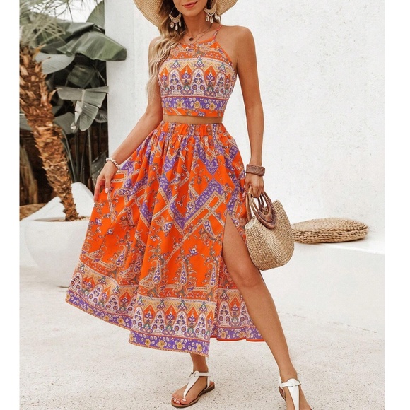 Boho Floral Print Tie Back Cropped Cami Top Skirt Set - Picture 1 of 5